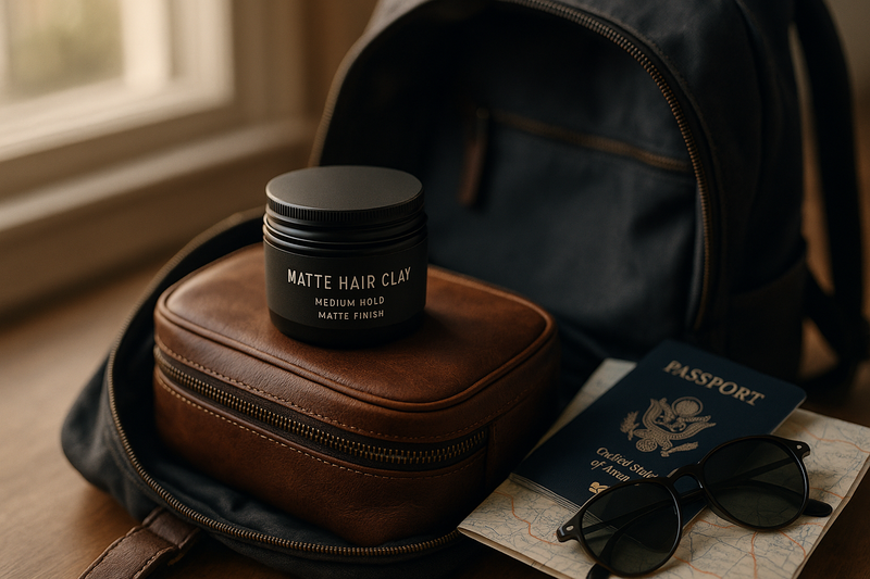 A matte hair clay medium hold matte finish jar placed on a leather toiletry bag inside a stylish backpack, with a passport, sunglasses, and a folded map nearby, soft natural sunlight streaming through a window, shallow depth of field, cinematic lifestyle photography, masculine and premium aesthetic, realistic textures, product in sharp focus, background slightly blurred, warm tones, aspirational travel vibe.
