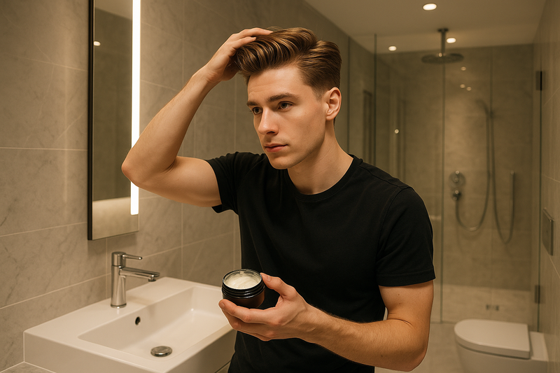 Man early 20’s applying hair product to hair in the bathroom luxury modern 