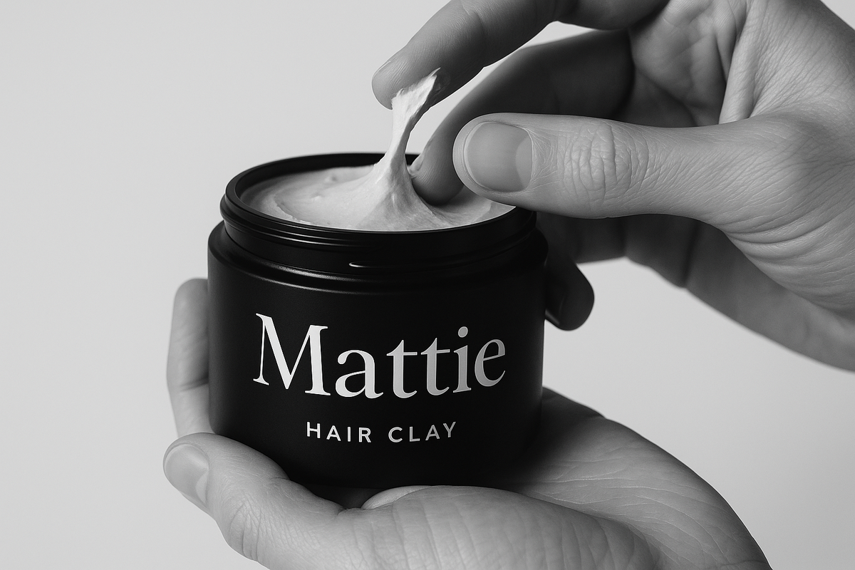 Mattie hair Clay minimal serif font white on black jar in hand being used 